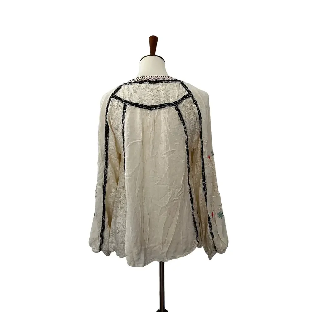 Free People FP Womens Boho Floral Embroidered Top Long Sleeve S Small - Picture 3 of 8